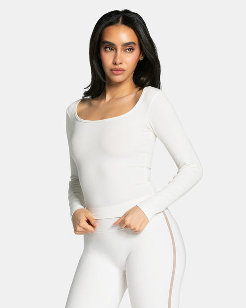 Haut à manches longues côtelé Soft « Blanc cassé »