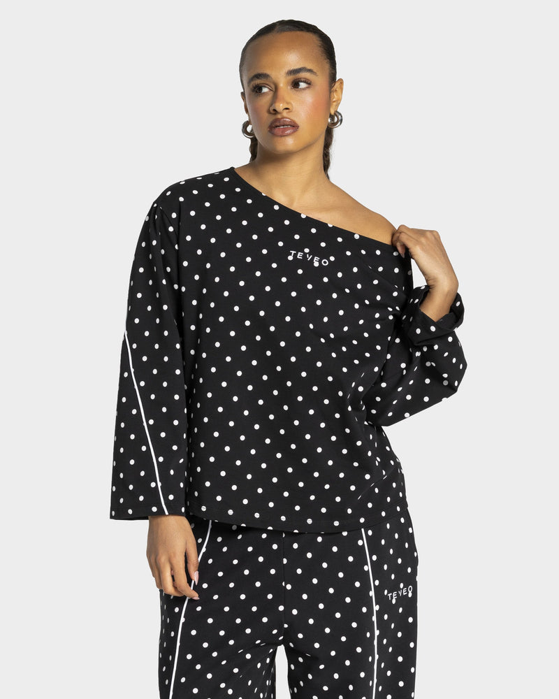 Haut à manches longues Off-Shoulder Contrastline « noir à pois »