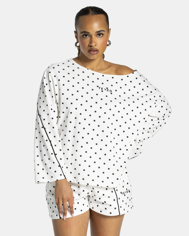 Haut à manches longues Off-Shoulder Contrastline « blanc à pois »