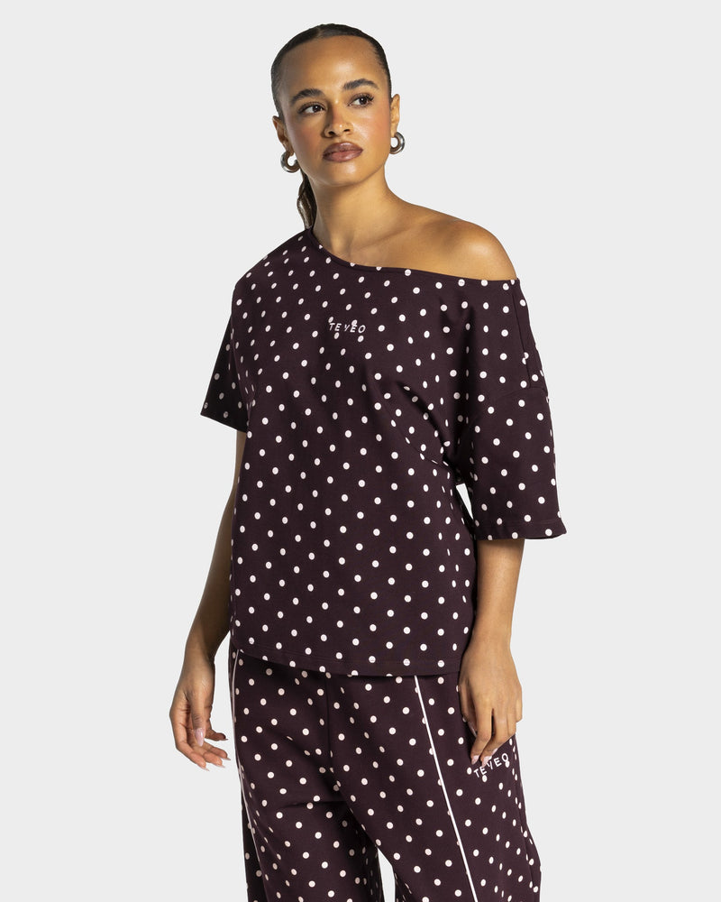 T-shirt Off-Shoulder Contrastline « merlot à pois »